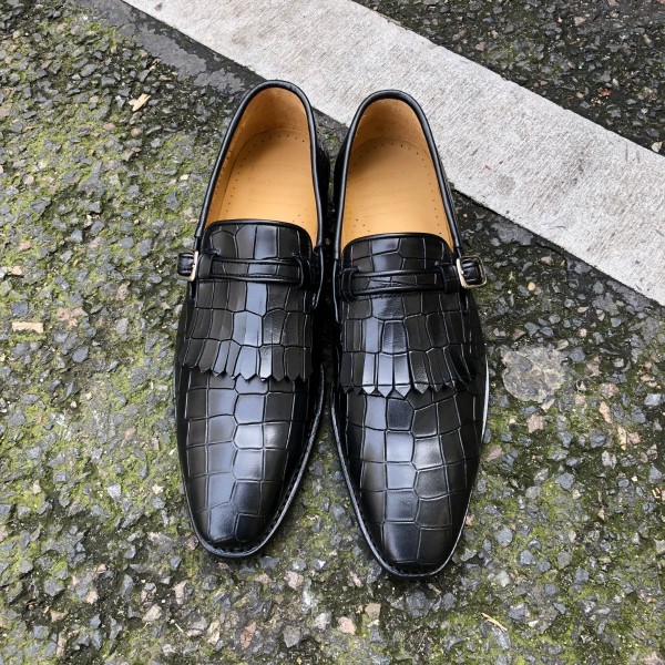 Mocassin à frange Center 51 14096 cuir noir façon crocodile