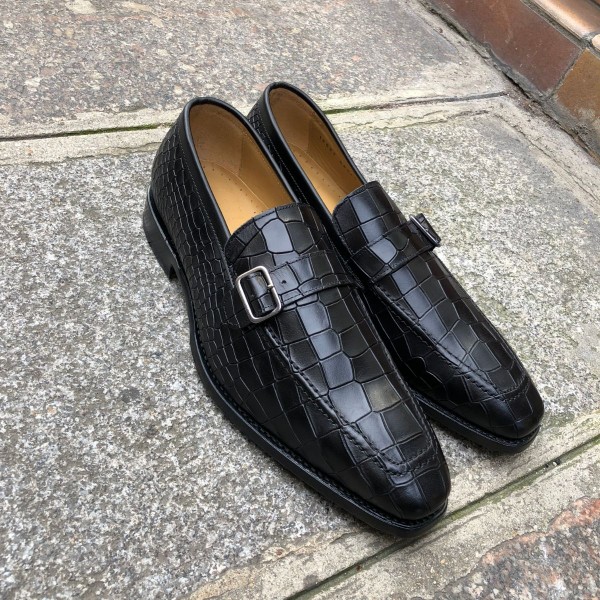 Buckle moccasin Center 51 14097 black leather crocodile print finish