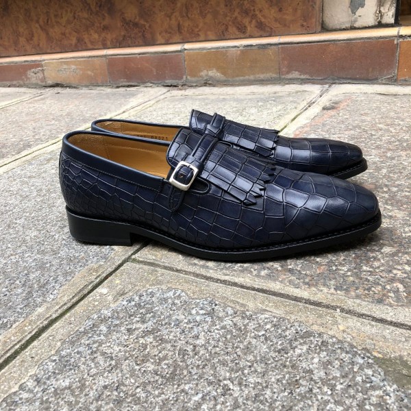 Mocassin à frange Center 51 14096 cuir marine façon crocodile