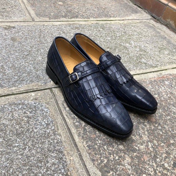 Moccasin with fringe tassels Center 51 14096 navy blue leather crocodile print finish