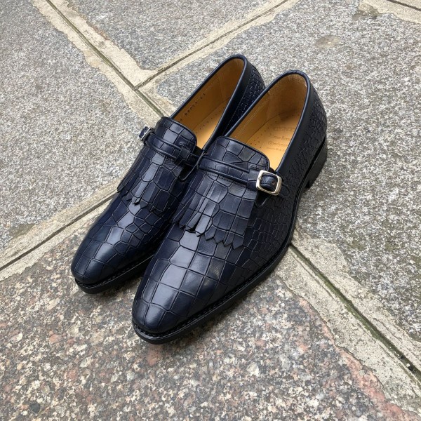 Mocassin à frange Center 51 14096 cuir marine façon crocodile
