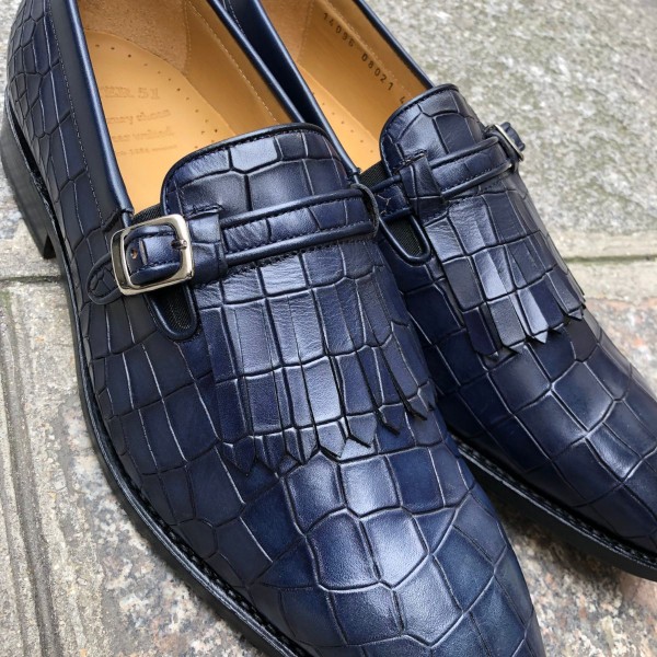 Mocassin à frange Center 51 14096 cuir marine façon crocodile